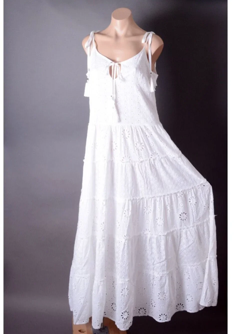White Tiered Crochet Eyelet Fringe Bohemian Sleeveless Bow Summer Long Dress - Picture 1 of 11